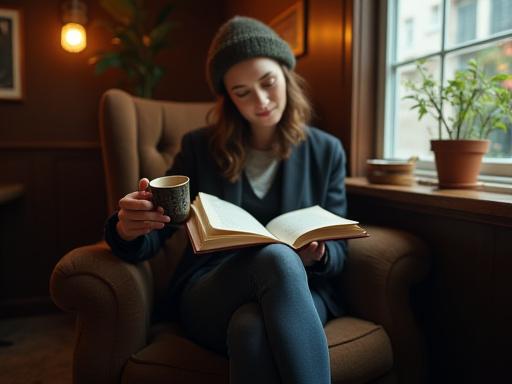 En gjest som koser seg med en god bok og en rykende varm kaffe i et hyggelig, bortgjemt hjørne av kafeen.