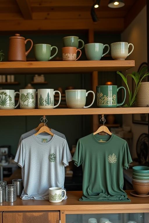 Hylle med DuggDråpe's regnskog-inspirerte merchandise, inkludert unike keramikkkopper og økologiske t-skjorter.