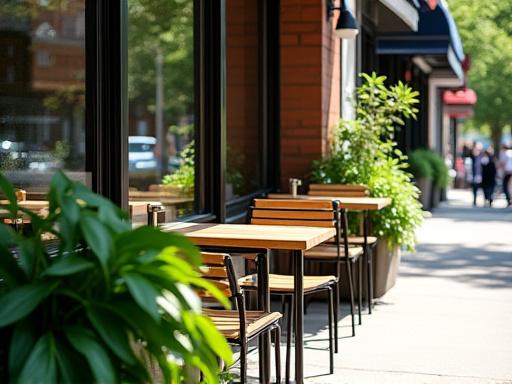 Detaljbilde av deler av cafeens uteservering ute på fortauet, med grønne planter og et par tomme bord.