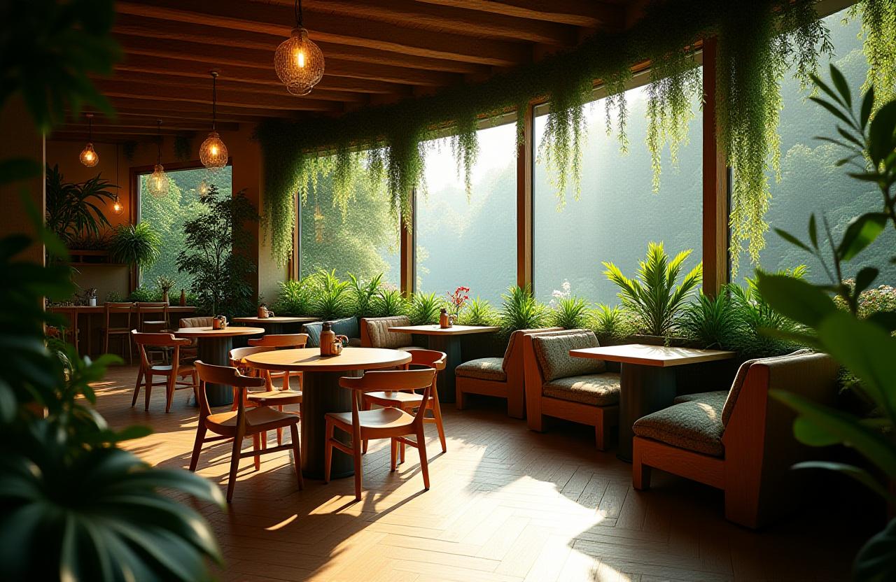 Panoramautsikt over det frodige og varme interiøret i DuggDråpe Cafe